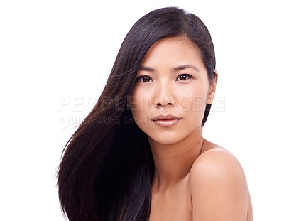 Buy stock photo Asian woman, portrait and studio for hair care, skincare and beauty with cosmetics for skin or routine. Wellness, closeup and natural or healthy face with dermatology isolated on white background