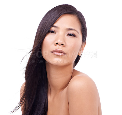 Buy stock photo Woman, portrait and confidence for haircare in studio, beauty and pride for hair treatment or grooming. Asian female person, shampoo and cosmetics for growth on white background, healthy and care