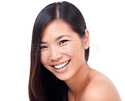 Buy stock photo Woman, portrait and smile for haircare in studio, beauty and pride for keratin results or hair treatment. Asian female person, happy and shampoo for cosmetic on white background, dermatology and care
