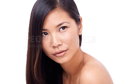 Buy stock photo Asian woman, thinking and white background with hair or skin for beauty, model and cosmetics for skincare or routine. Wellness, closeup and natural or healthy face with dermatology isolated in studio