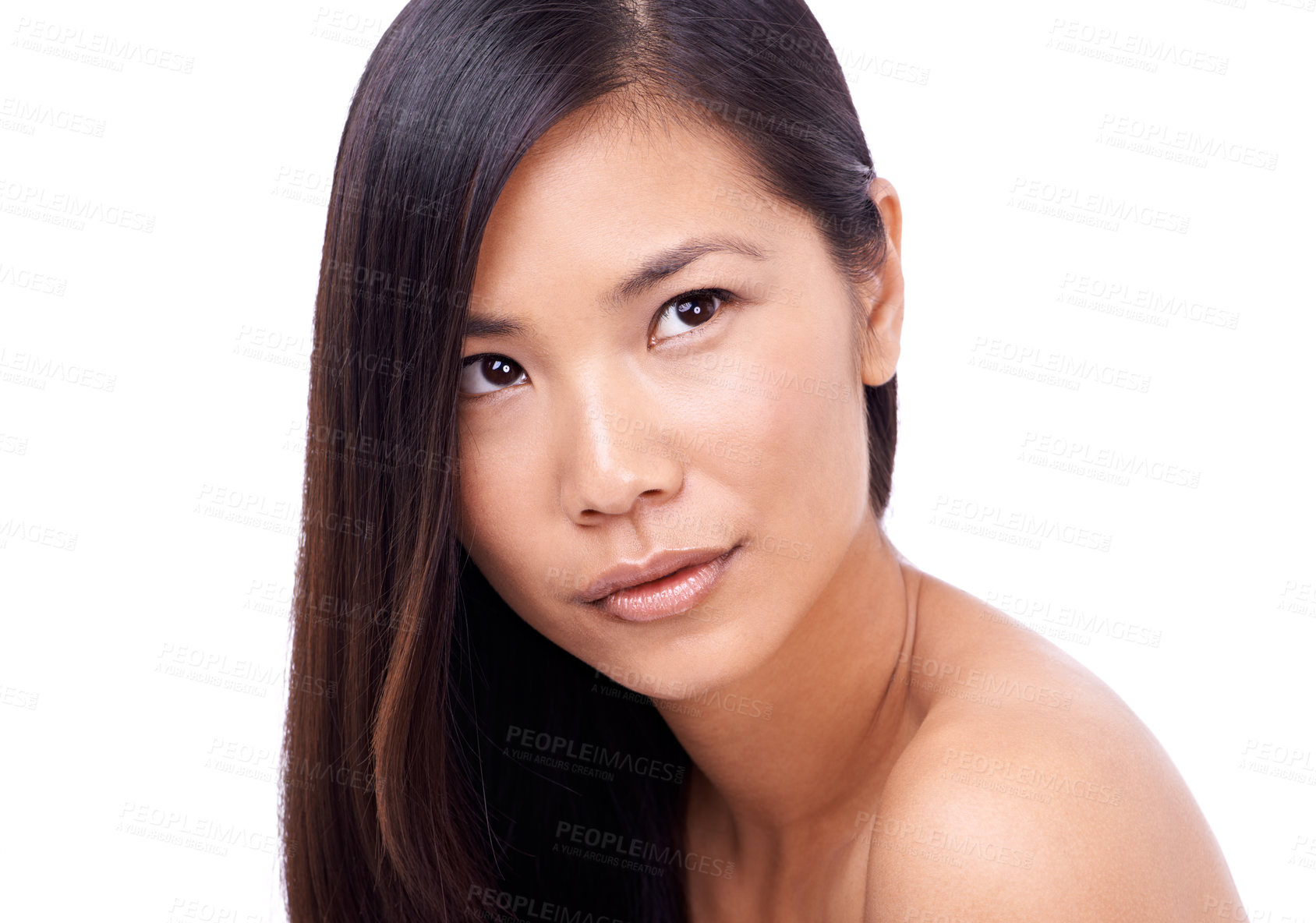 Buy stock photo Asian woman, thinking and white background with hair or skin for beauty, model and cosmetics for skincare or routine. Wellness, closeup and natural or healthy face with dermatology isolated in studio