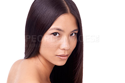 Buy stock photo Woman, portrait and hairstyle for cosmetics in studio, hair care and pride for keratin treatment on mockup space. Asian female person, grooming and shampoo on white background, dermatology and care