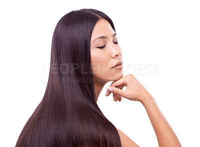 Buy stock photo Woman, healthy and shine for haircare in studio, beauty and pride for keratin treatment on mockup space. Asian female person, confident and shampoo for cosmetic on white background, growth and care