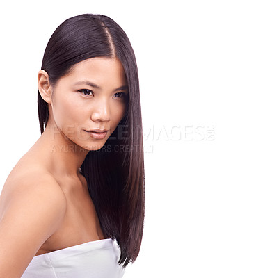 Buy stock photo Woman, brazilian and treatment for haircare in studio, beauty and pride for keratin results on mockup space. Asian female person, hair and shampoo for cosmetics, white background and conditioner