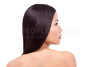Buy stock photo Woman, shampoo and cosmetics for hair care in studio, beauty and pride for keratin treatment on mockup space. Asian female person, profile and conditioner for shine, white background and dermatology