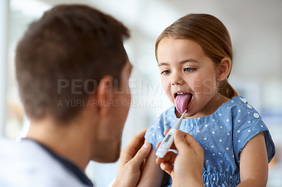 Buy stock photo Kid, doctor and thermometer in mouth for fever, medical risk and assessment of covid infection. Pediatrician, sick girl and temperature test of children, flu virus and healthcare consulting in clinic