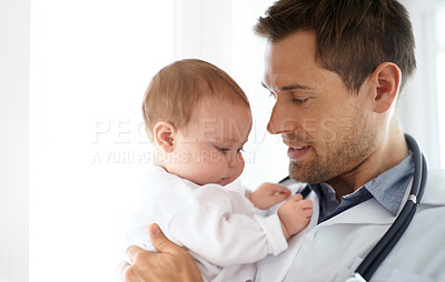 Buy stock photo Man, pediatrician and holding baby for healthcare assessment, wellness consulting and service for children. Kids, medical doctor and newborn in clinic, hospital and expert consultation for pediatrics