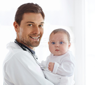 Buy stock photo Portrait of happy man, pediatrician and baby for medical assessment, growth support and healthcare of children. Newborn kids, doctor and smile in clinic, hospital and consulting service in pediatrics