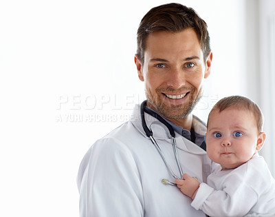 Buy stock photo Portrait, man and pediatrician smile with baby on mockup of medical assessment, support and healthcare of children. Cute newborn, happy doctor and trust in pediatrics clinic, kids hospital and growth