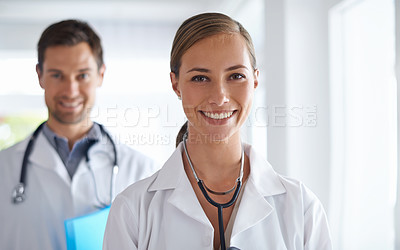 Buy stock photo Portrait of happy woman, doctors and leadership in hospital, healthcare management and clinic services. Expert medical employees, team and smile for collaboration of trust, wellness support and pride