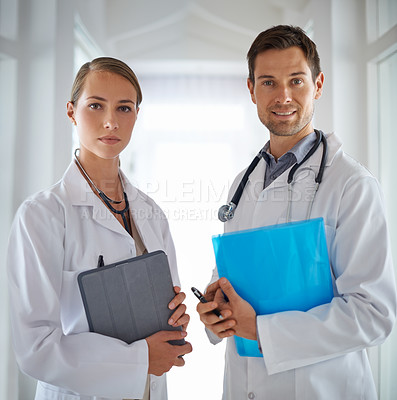 Buy stock photo Portrait of doctors, teamwork and hospital for healthcare management, clinic services and professional consulting. Man, woman and medical employees with folder for collaboration, integrity and trust 