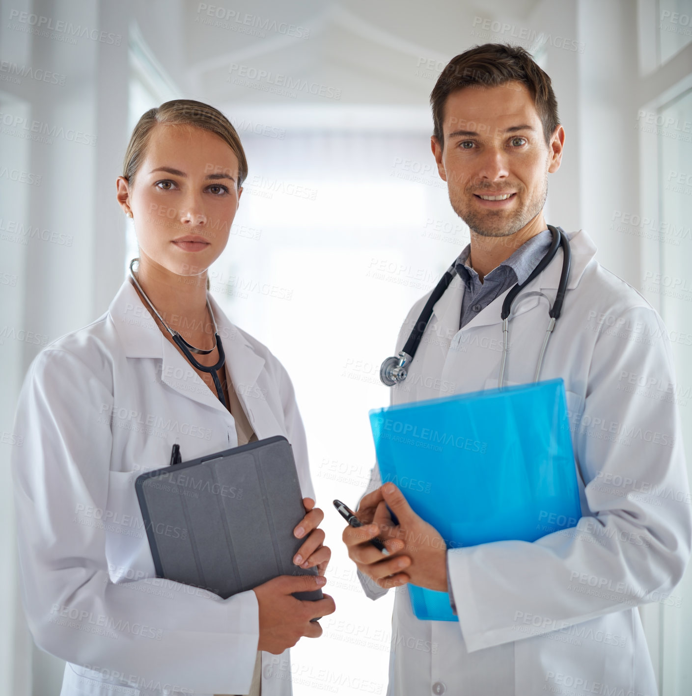 Buy stock photo Portrait of doctors, teamwork and hospital for healthcare management, clinic services and professional consulting. Man, woman and medical employees with folder for collaboration, integrity and trust 