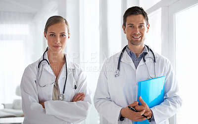 Buy stock photo Portrait of man, woman and team of doctors in hospital, healthcare management and clinic services. Confident medical employees, wellness collaboration and together for support, integrity and trust 