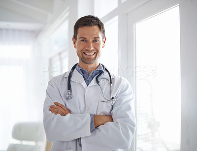 Buy stock photo Portrait of happy man, doctor and arms crossed in hospital for healthcare management, clinic services and help. Male medical employee, professional therapist and confident smile, trust and integrity