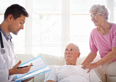 Buy stock photo Healthcare, doctor and senior patient in assisted living for health assessment, advice or wellness. Male physician, conversation and elderly couple for medical treatment, discussion and diagnosis.