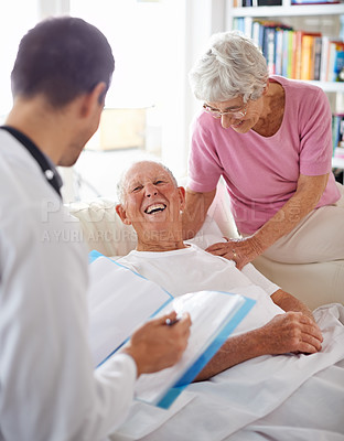 Buy stock photo Healthcare, doctor and senior patient in bed of nursing home for health results, wellness or checkup. Medical professional, consultation and elderly couple for positive news, support and advice.