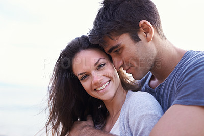 Buy stock photo Couple, hug and outdoor with love on holiday or travel together on vacation in summer. Romantic, date and man with gratitude for woman and smile with kindness, care and support for partner in embrace
