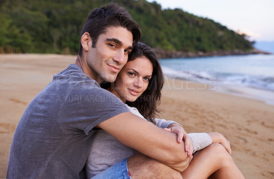 Buy stock photo Portrait, hug and happy couple on beach for outdoor travel adventure, summer island holiday and relax. Ocean vacation, woman and man embrace in nature on romantic date together with smile in Bali.