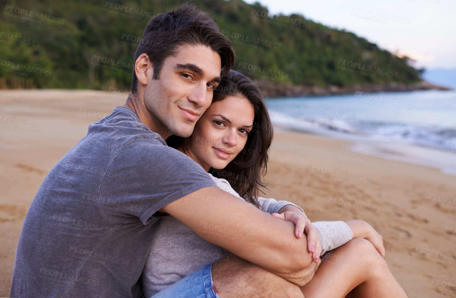 Buy stock photo Portrait, hug and happy couple on beach for outdoor travel adventure, summer island holiday and relax. Ocean vacation, woman and man embrace in nature on romantic date together with smile in Bali.