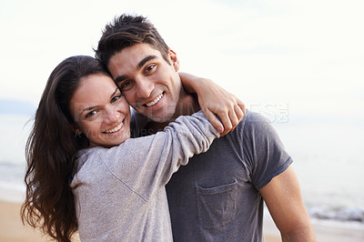 Buy stock photo Portrait, love and happy couple hug on beach for outdoor travel adventure, summer island holiday or relax. Ocean vacation, woman and man embrace in nature on romantic date together with smile in Bali