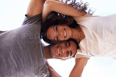 Buy stock photo Portrait , love and couple with sky from below for outdoor travel adventure, summer holiday and embrace. Vacation, happy woman and man hug in nature on romantic date together with smile in Bali.