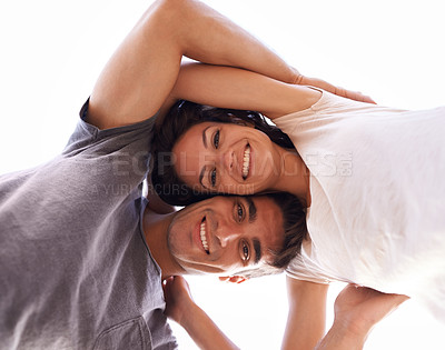 Buy stock photo Portrait, embrace and couple with sky from below for outdoor travel adventure, summer holiday and love. Vacation, happy woman and man hug in nature on romantic date together with smile in Bali.