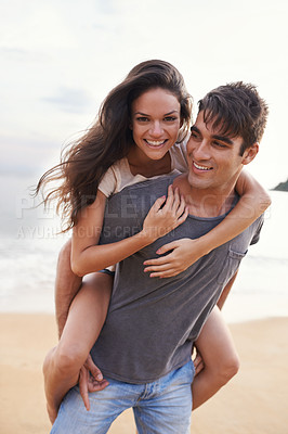 Buy stock photo Couple, sea and piggyback with fun, smile and nature with travel and date for relationship. Man, woman and indonesia beach for adventure, vacation and tropical holiday with sunshine and portrait