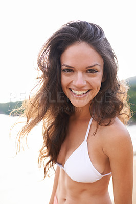 Buy stock photo Outdoor, portrait or happy woman at a beach for travel adventure to relax on holiday vacation. Tourist, bikini or female person with fitness or smile in nature for fresh air, sea or ocean in Bali