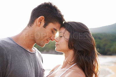 Buy stock photo Romantic, couple and outdoor with love on holiday or travel on vacation on Bali island in summer. Date, moment and man with gratitude for woman and smile with kindness, care and support for partner