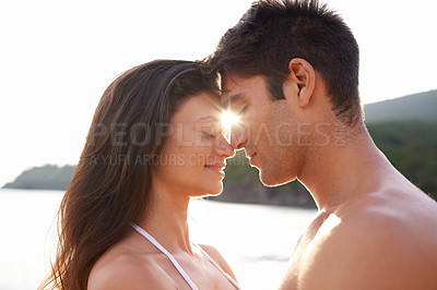Buy stock photo Romantic, couple and outdoor with love on holiday or travel on vacation on Bali island in summer. Tropical, beach and man with gratitude for woman and smile with kindness, care and support on date