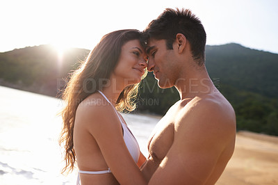 Buy stock photo Beach, date and couple with love at on holiday or travel to Bali on vacation in summer. Tropical, island and man with gratitude for happy woman and smile with kindness, care and support together
