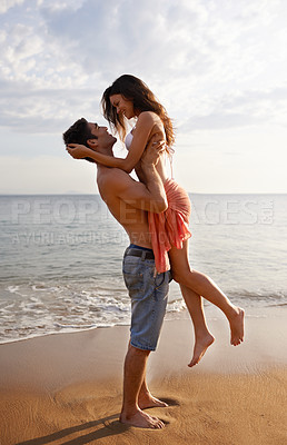 Buy stock photo Love, waves and couple playing on beach for travel adventure, summer island holiday and relax. Ocean vacation, woman and man in nature on romantic date together with smile, embrace and sea in Bali.