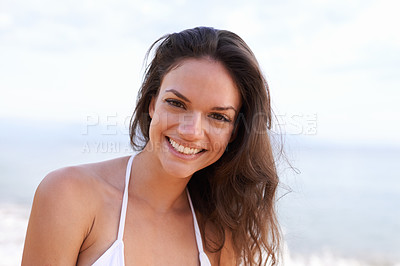 Buy stock photo Beach, nature and portrait of woman for travel, vacation or adventure on tropical island. Happy, smile and young female person with positive and confident attitude by ocean on summer weekend trip.