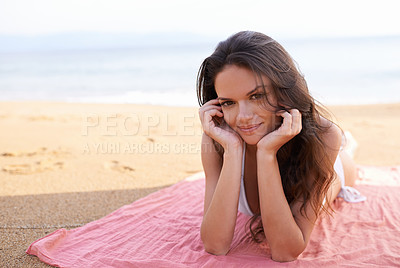 Buy stock photo Relax, portrait or happy woman at beach for travel adventure or peace on holiday vacation in Bali. Tourist, picnic or female person on sand with blanket or smile in nature for fresh air, sea or ocean