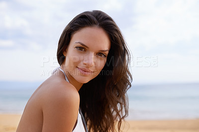 Buy stock photo Beach, smile and portrait of woman in nature on tropical vacation, adventure or holiday. Happy, travel and young female person with positive attitude by ocean on summer weekend trip by island.