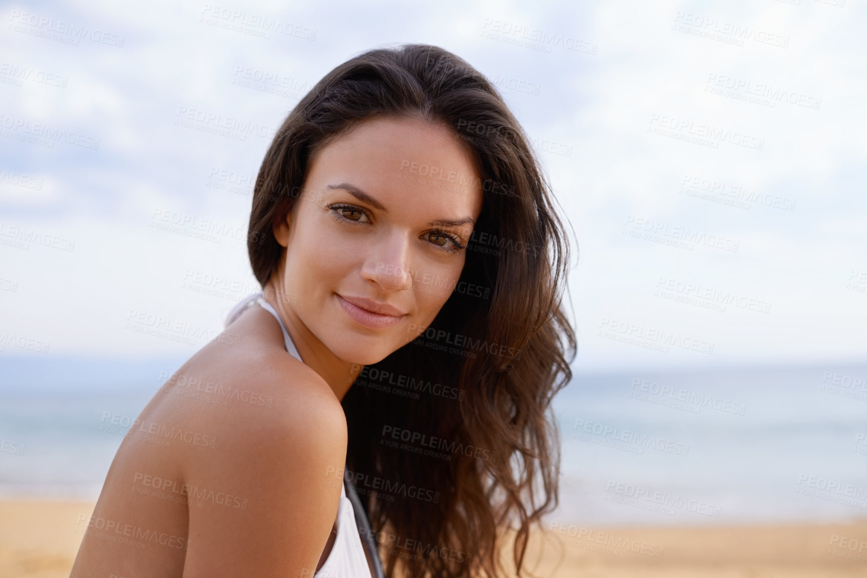 Buy stock photo Beach, smile and portrait of woman in nature on tropical vacation, adventure or holiday. Happy, travel and young female person with positive attitude by ocean on summer weekend trip by island.