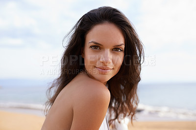 Buy stock photo Beach, sea and portrait of woman on tropical vacation, adventure or holiday for travel. Happy, nature and young female person with positive attitude by ocean on summer weekend trip by island.