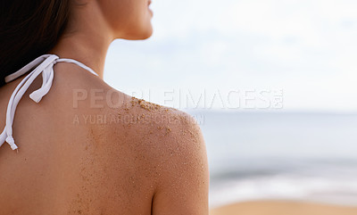 Buy stock photo Body, relax or back of woman at an ocean on holiday vacation for travel space or calm peace in Bali. Tourist, closeup or female person on mockup, trip or break in nature for fresh air, beach or sea