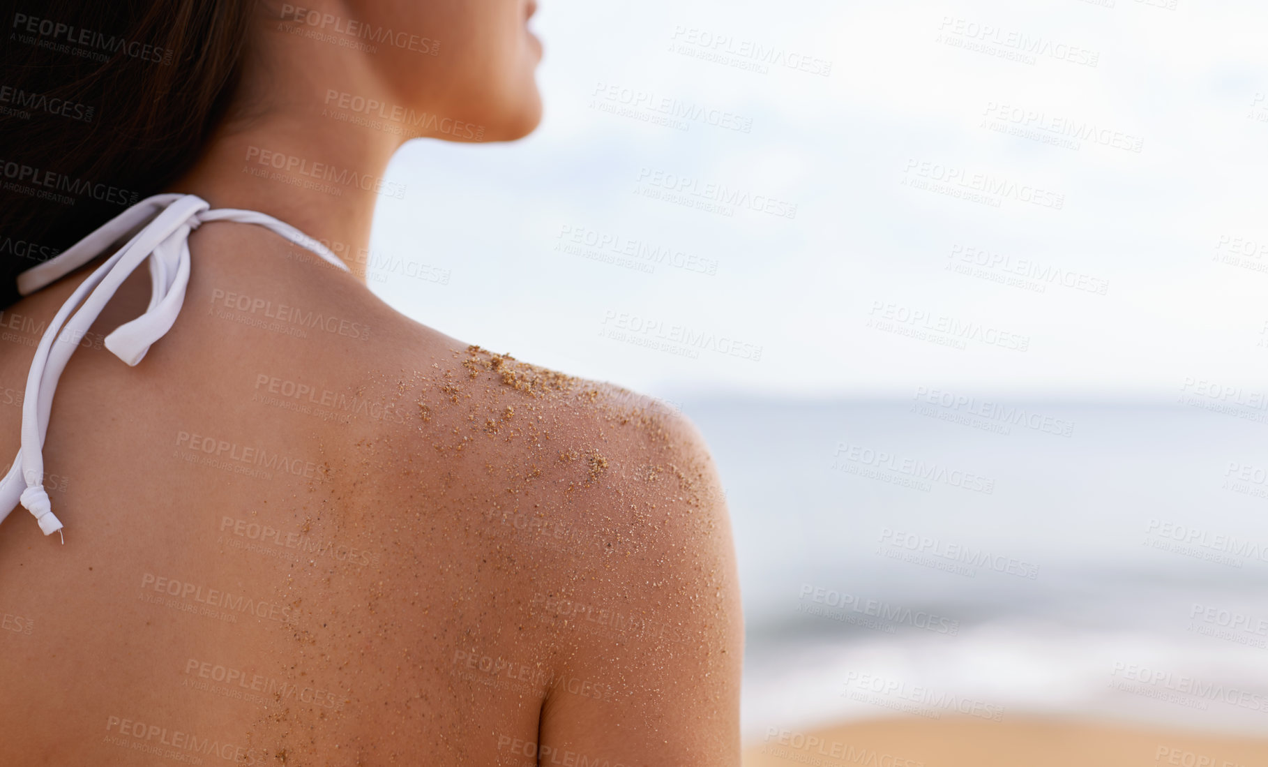 Buy stock photo Body, relax or back of woman at an ocean on holiday vacation for travel space or calm peace in Bali. Tourist, closeup or female person on mockup, trip or break in nature for fresh air, beach or sea