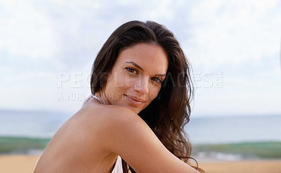 Buy stock photo Beach, ocean and portrait of woman on vacation, adventure or holiday for tropical travel. Happy, smile and young female person with positive attitude by sea on summer weekend trip by island.