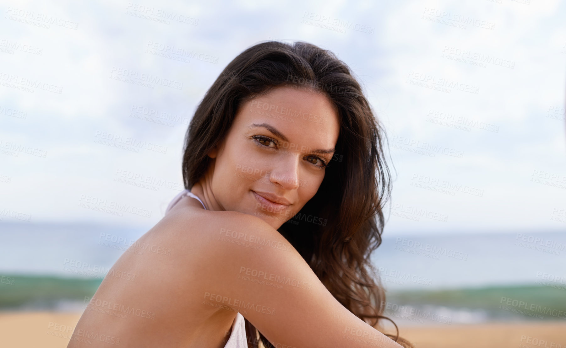 Buy stock photo Beach, ocean and portrait of woman on vacation, adventure or holiday for tropical travel. Happy, smile and young female person with positive attitude by sea on summer weekend trip by island.