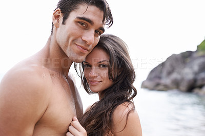 Buy stock photo Portrait, love and couple on beach with waves, travel adventure and relax on summer island holiday. Ocean vacation, happy woman and man hug in nature on romantic date together with smile in Bali.