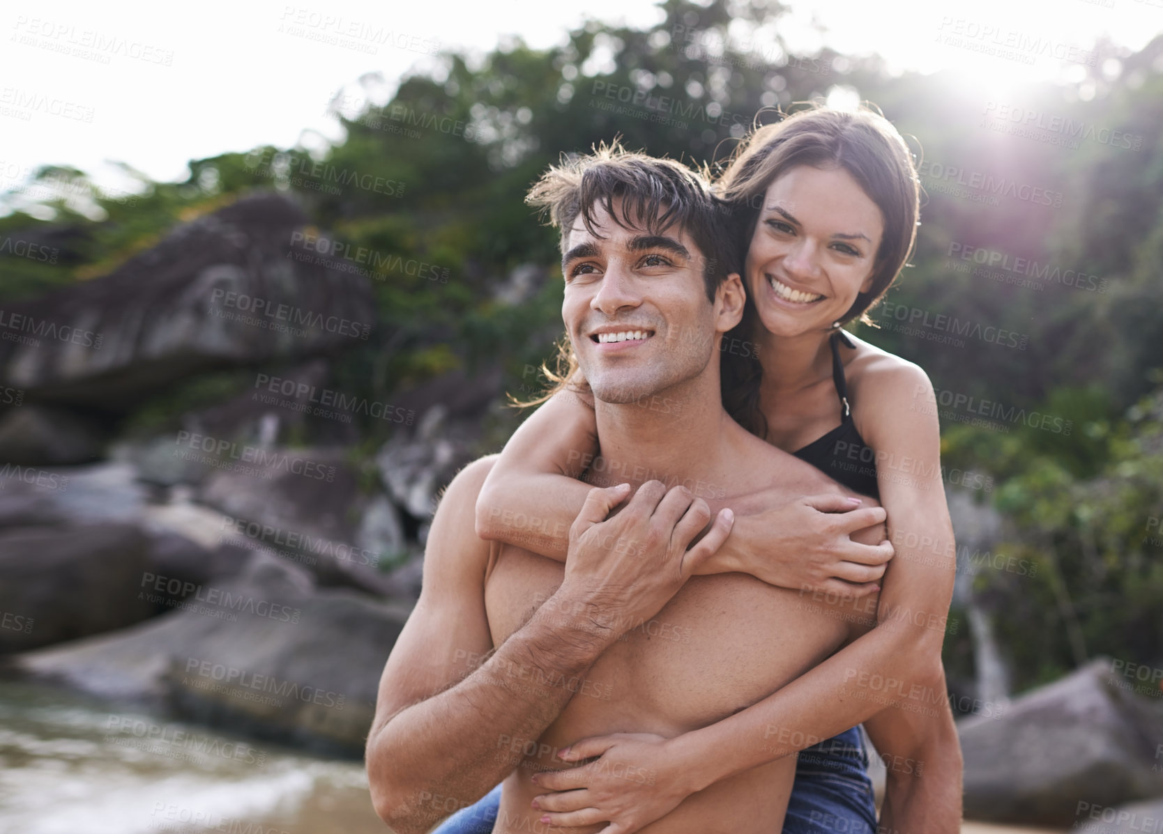 Buy stock photo Portrait, piggy back and couple on beach with travel, adventure and relax on summer island holiday. Ocean vacation, woman and man happy in nature on date together with smile, love and romance in Bali