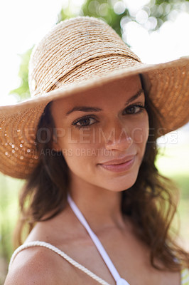 Buy stock photo Park, smile and portrait of woman with sun hat for summer vacation, holiday or picnic in sunshine. Nature, relax and closeup of face with person in forest for travel, adventure and outdoor enjoyment