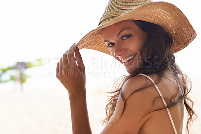 Buy stock photo Portrait of a beautiful young woman standing outdoors in summer
