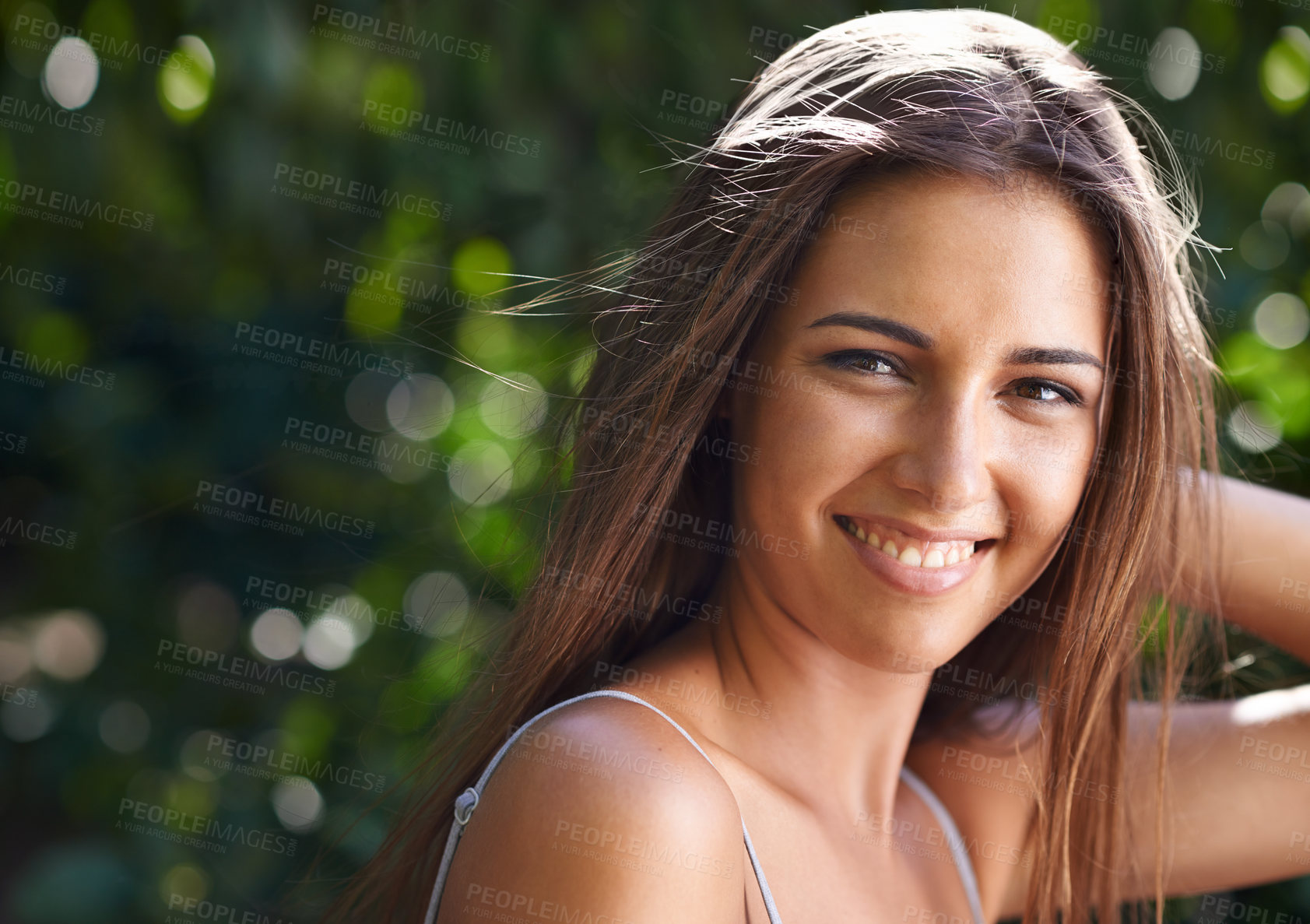 Buy stock photo Trees, nature and woman in backyard, garden and calm environment in summer. Female, model and portrait with healthy glow on skin with beauty outdoor in forest park or woods with leaves on mockup 