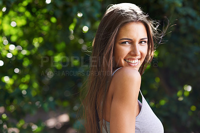 Buy stock photo Summer, portrait and woman in park with smile, mockup space and outdoor teen fashion. Nature, confidence and face of happy teenager girl in green garden for wellness, relax or casual style in morning