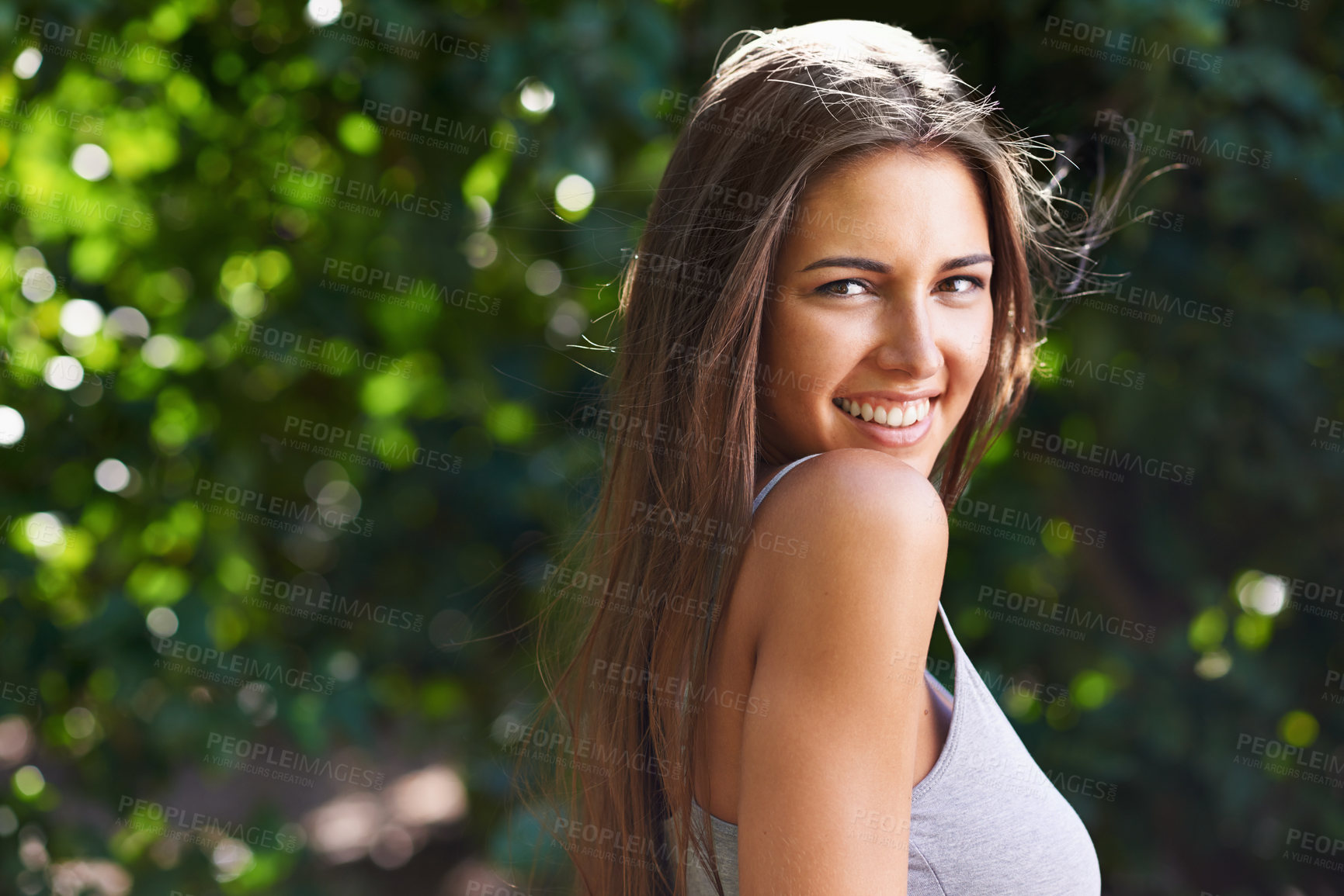Buy stock photo Summer, portrait and woman in park with smile, mockup space and outdoor teen fashion. Nature, confidence and face of happy teenager girl in green garden for wellness, relax or casual style in morning