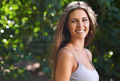 Buy stock photo Confidence, portrait and woman in park with smile, mockup space and outdoor teen fashion. Nature, summer and face of happy teenager girl in green garden for wellness, relax or casual style in morning