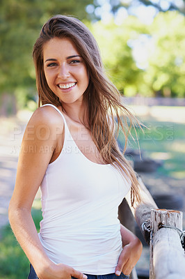 Buy stock photo Portrait, woman and laugh for summer, fashion and casual outfit with natural styling in Spain. Happy, female person and tank top for stylish, leisure and trendy clothes for rest and relaxation